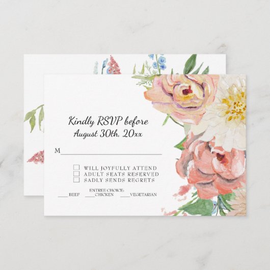 Cartes de réponse teinte rose et blanc pour mariag (Devant / Derrière)