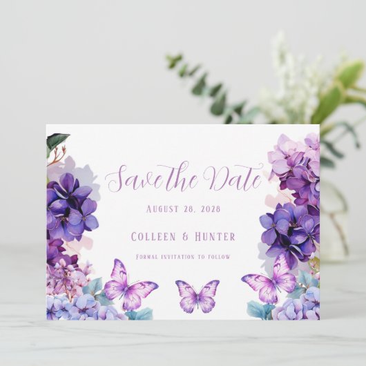 Cartes de Réservation Violet Hydrangea Papillon (Debout devant)