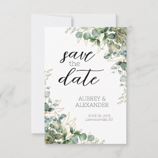 Cartes de sauvegarde de date élégantes Eucalyptus (Devant)