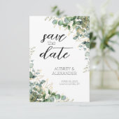 Cartes de sauvegarde de date élégantes Eucalyptus (Debout devant)