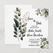 Cartes de sauvegarde de date Floral Sage Vert & Bl (Devant / Derrière)