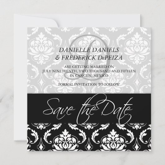 Cartes de sauvegarde de la date Damask noir Monogr (Devant)