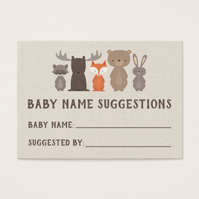 Cartes de suggestion de nom de Baby shower Woodlan (Devant)