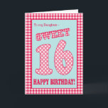Cartes de Sweet 16 pour ma Fille<br><div class="desc">Une carte de 16 ans pour une fille, avec une jolie ambiance rétro. Les lettres, les chiffres et la bordure sont en vichy rouge et blanc et en pois sur un fond bleu ciel. Vous pouvez modifier le message à l'intérieur si vous le souhaitez.</div>