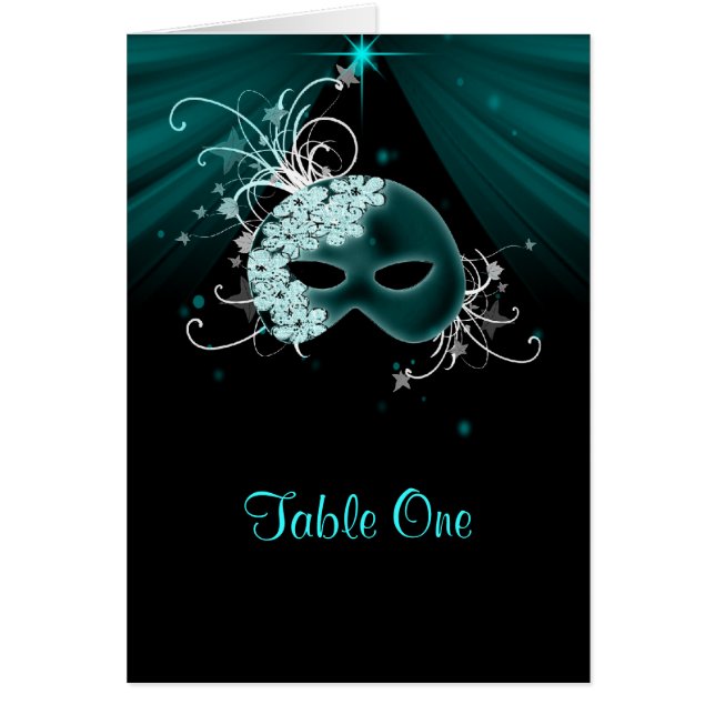 Cartes de table de fête masquée bleu sarcelle (Devant)