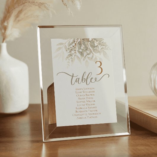 Cartes de table de mariage à l'aquarelle vert émer
