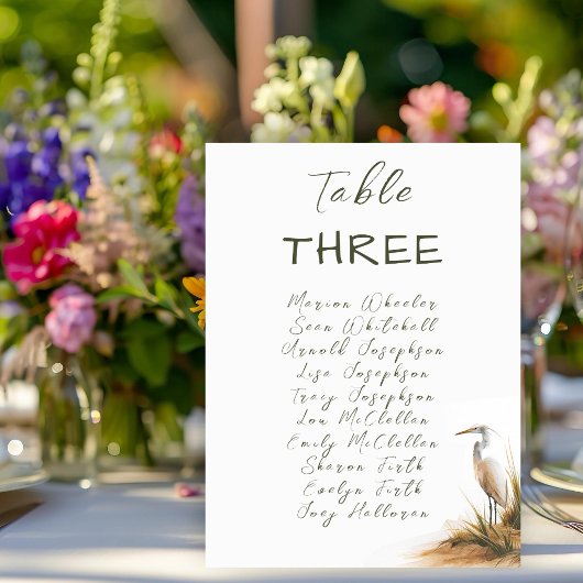 Cartes de table de mariage côtier Egret