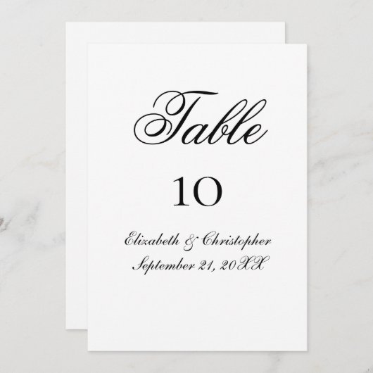 Cartes de table de Mariage de script noir blanc (Devant / Derrière)