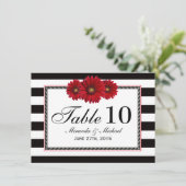 Cartes de table de mariage Fleurs rouges et rayure (Debout devant)