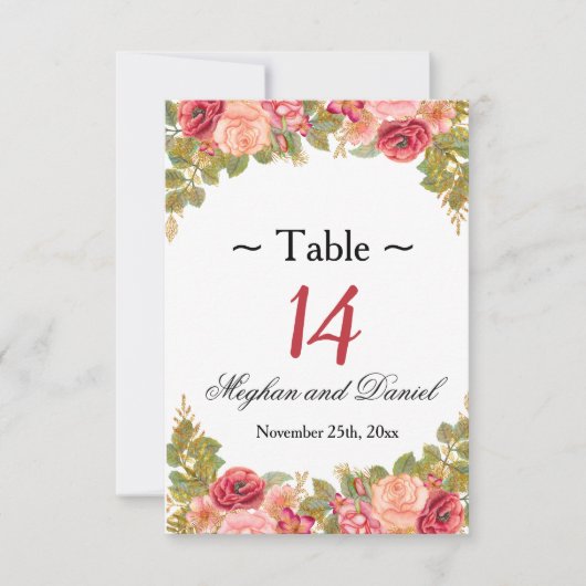 Cartes de table de réception à aquarelle Roses & P (Devant)
