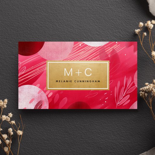 Cartes de visite à monogramme abstrait or rose vif