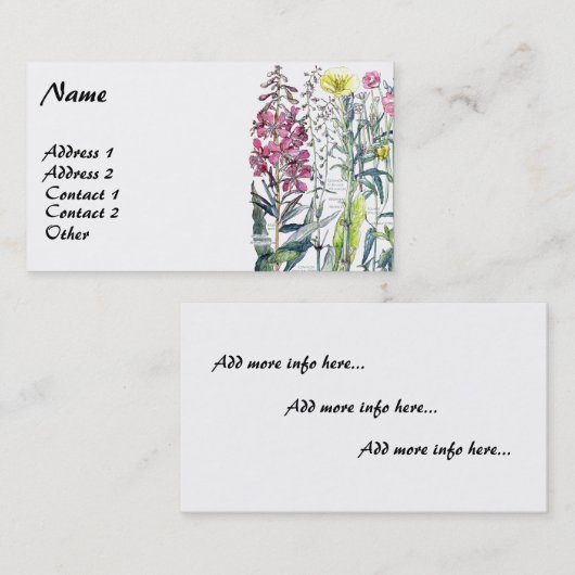 Cartes de visite botaniques vintages d'oenothère (Devant / Derrière)