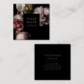 Cartes de visite carrés floraux modernes de noir (Devant / Derrière)