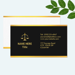Cartes de visite d'avocat en or et noir élégantes