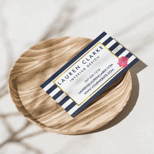 Cartes de visite de Navy Stripe & Pink Peony