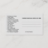 Cartes de visite des obligations de cautionnement (Dos)