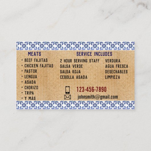 Cartes de visite du service Taco (Dos)