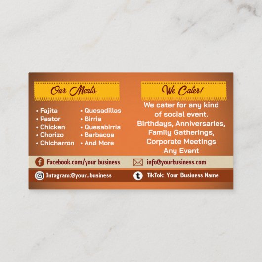 Cartes de visite du service Tacos (Dos)