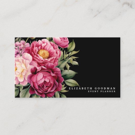 Cartes de visite élégants Boho rose et Fleurs noir (Devant)
