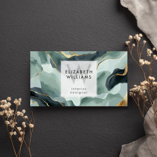 Cartes de visite en monogramme abstrait or vert me
