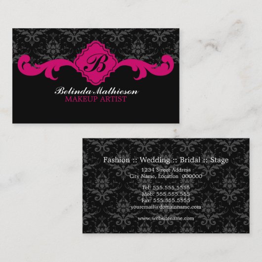 Cartes de visite Fuchsia Monogramme Damas (Devant / Derrière)
