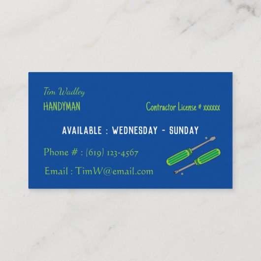 Cartes de visite Handyman bleu et néon vert (Dos)