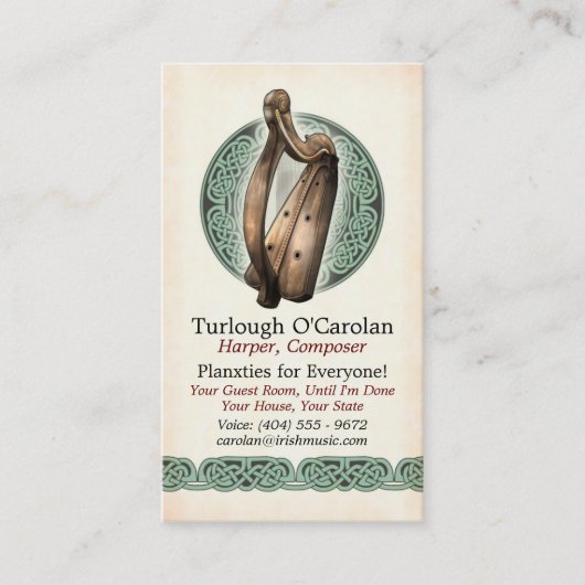 Cartes de visite irlandais d'harpe, style 1, (Devant)