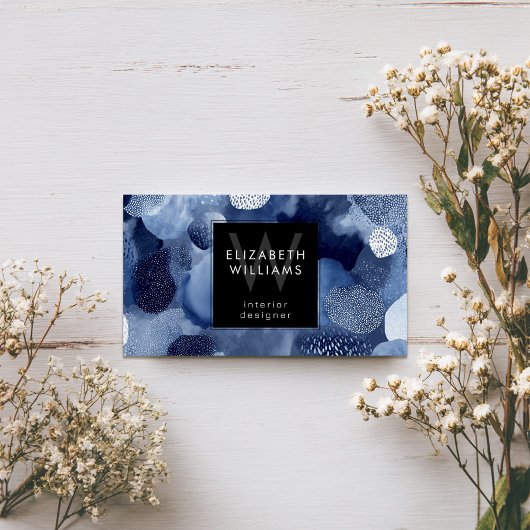 Cartes de visite modernes monogramme abstrait bleu