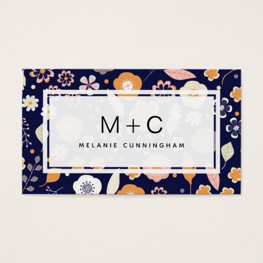 Cartes de visite Monogram Navy Blue Flowers (Devant)