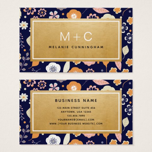 Cartes de visite Monogram Navy Blue Gold Flowers (Devant & derrière)
