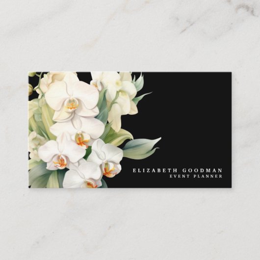 Cartes de visite noires aux orchidées blanches mod (Devant)