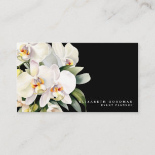 Cartes de visite noires aux orchidées blanches mod