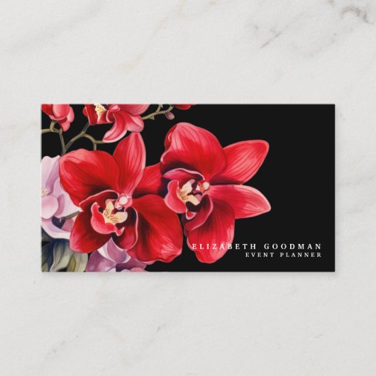 Cartes de visite noires avec orchidées rouges clas (Devant)