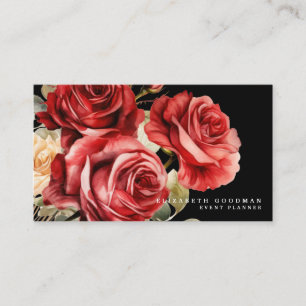 Cartes de visite noires avec roses rouges classiqu