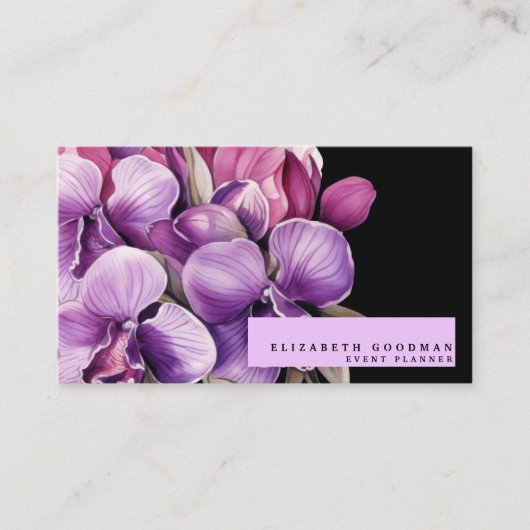 Cartes de visite noires classiques avec orchidées  (Devant)