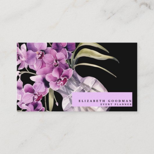 Cartes de visite noires classiques avec orchidées (Devant)