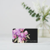 Cartes de visite noires classiques avec orchidées (Debout devant)