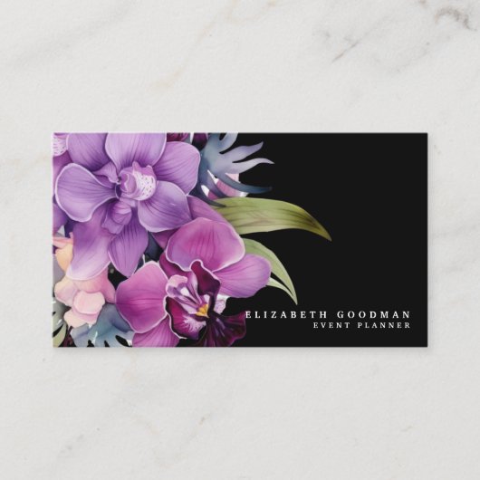 Cartes de visite noires classiques avec orchidées  (Devant)