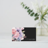 Cartes de visite noires élégantes avec fleurs douc (Debout devant)