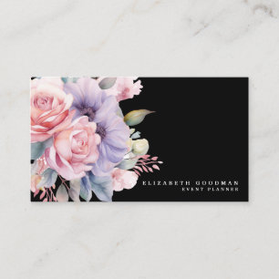 Cartes de visite noires élégantes avec fleurs douc