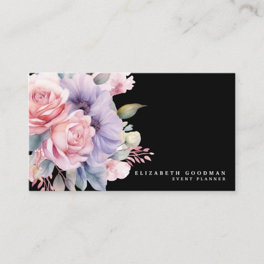 Cartes de visite noires élégantes avec fleurs douc (Devant)