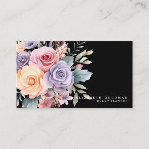 Cartes de visite noires élégantes avec fleurs douc