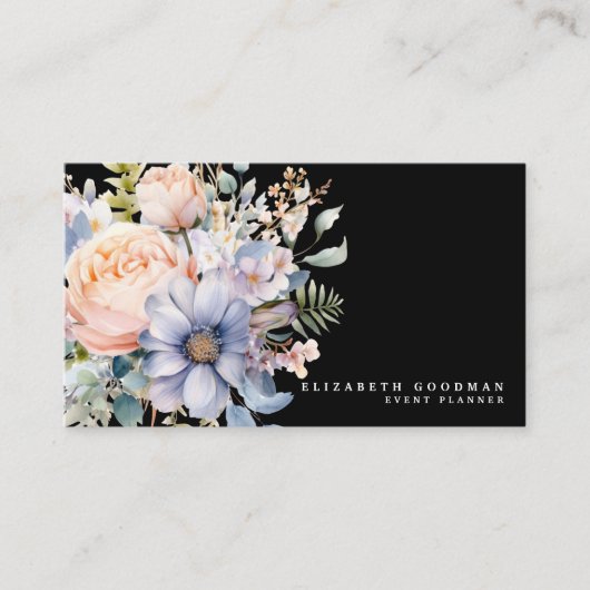 Cartes de visite noires élégantes avec fleurs douc (Devant)