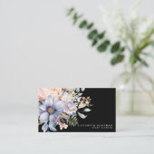 Cartes de visite noires élégantes avec fleurs douc (Debout devant)
