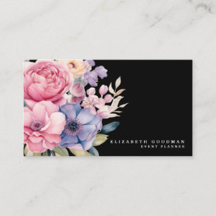 Cartes de visite noires élégantes avec fleurs douc