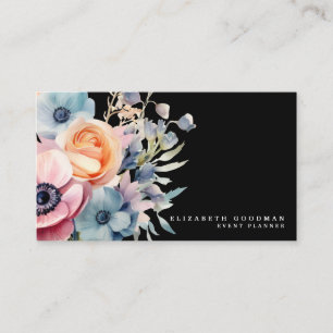 Cartes de visite noires élégantes avec fleurs douc