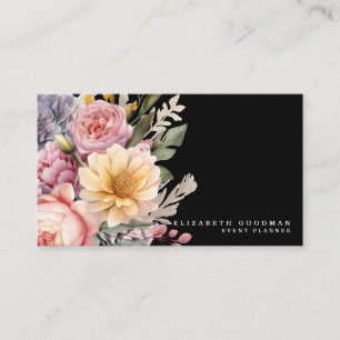Cartes de visite noires élégantes avec fleurs douc