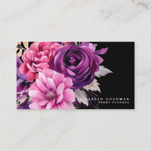 Cartes de visite noires florales rose violet Premi