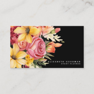 Cartes de visite noires florales roses et jaunes é