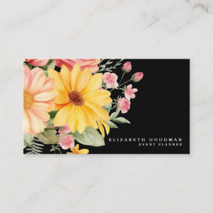 Cartes de visite noires florales roses et jaunes é